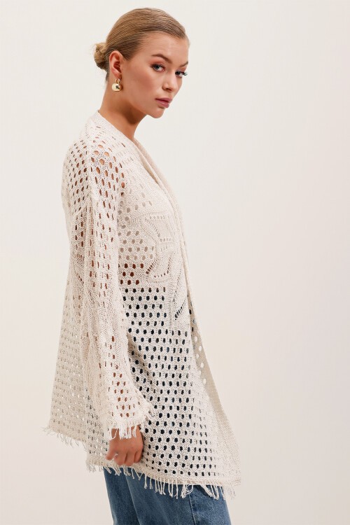 Merterium 15857 Ajurlu/Delikli Oversize Hırka - Taş