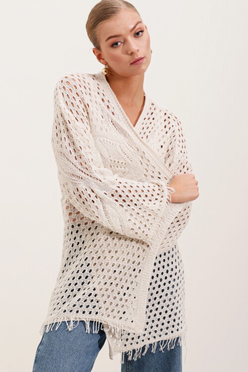 Merterium 15857 Ajurlu/Delikli Oversize Hırka - Taş