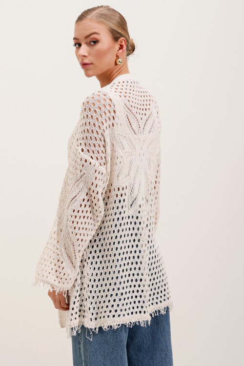 Merterium 15857 Ajurlu/Delikli Oversize Hırka - Taş