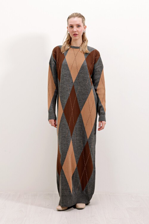 Merterium 15861 Uzun Triko Elbise - Gri