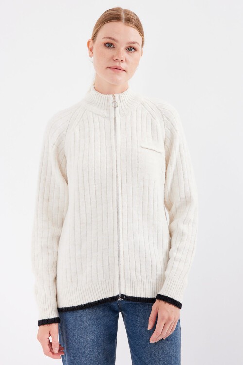 Merterium 15863 Fermuarlı Triko Hırka - Ekru