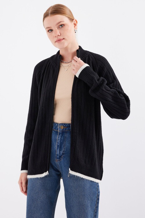 Merterium 15863 Fermuarlı Triko Hırka - Siyah