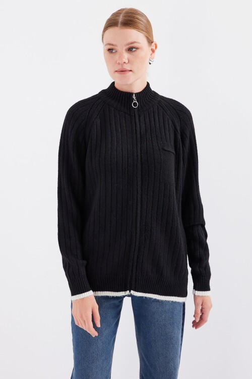 Merterium 15863 Fermuarlı Triko Hırka - Siyah