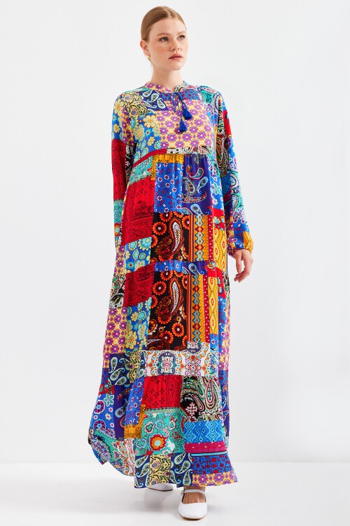 Merterium 1627 Yaka Bağcıklı Tesettür Elbise - Çok Renkli