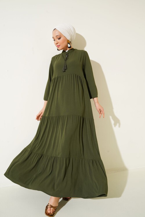 Merterium 1627 Yaka Bağcıklı Tesettür Elbise - D.Haki