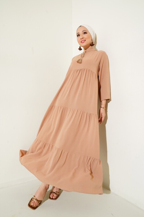 Merterium 1627 Yaka Bağcıklı Tesettür Elbise - D.Vizon
