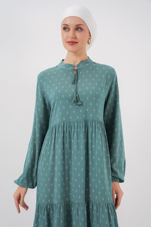 Merterium 1627 Yaka Bağcıklı Tesettür Elbise - Mint