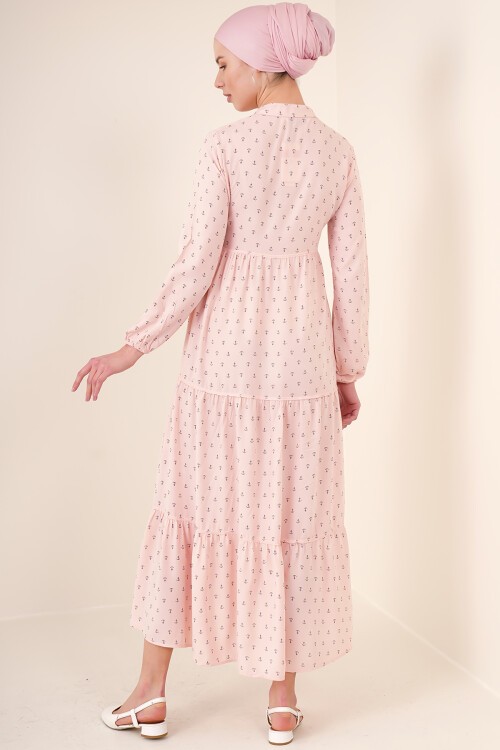 Merterium 1627 Yaka Bağcıklı Tesettür Elbise - Pudra