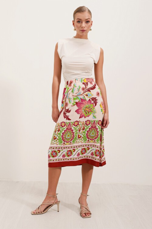 Merterium 1899 Desenli Midi Etek - Bordo