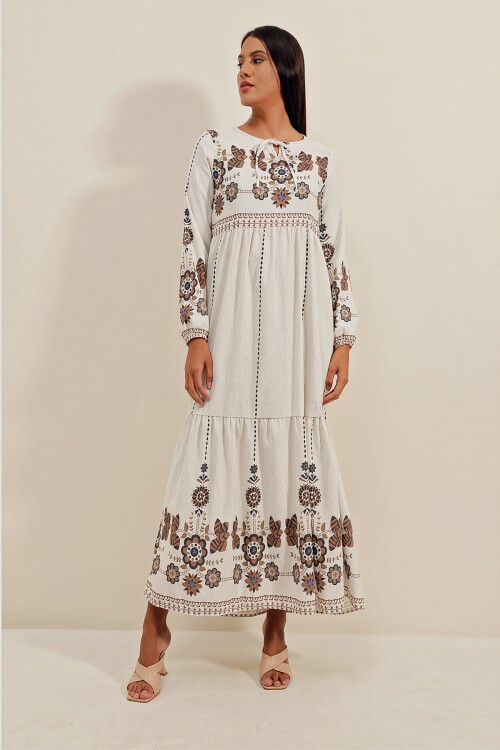 Merterium 1947 Desenli Uzun Keten Elbise - Y.Kahve