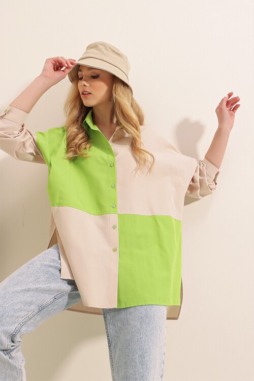 Merterium 20117 Blok Renkli Oversize Gömlek - E.Yeşil