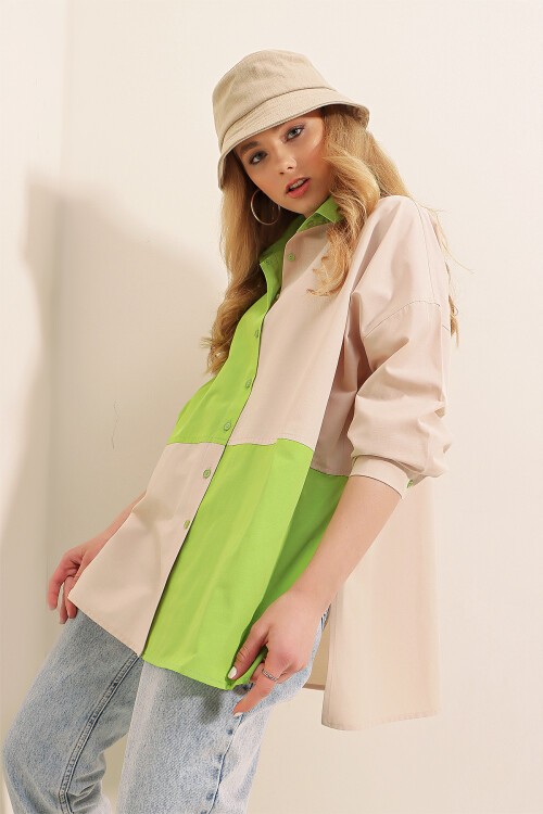 Merterium 20117 Blok Renkli Oversize Gömlek - E.Yeşil