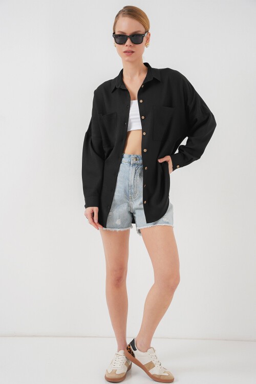 Merterium 20126 Oversize Keten Gömlek - Siyah