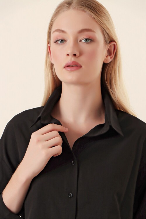 Merterium 20132 İp Büzgülü Oversize Gömlek - Siyah