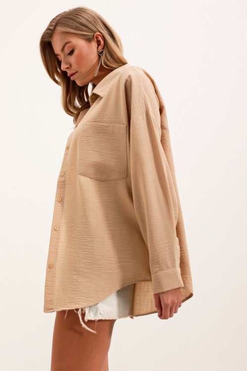 Merterium 20153 Tek Cepli Oversize Keten Gömlek - A.Bej