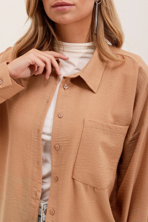 Merterium 20153 Tek Cepli Oversize Keten Gömlek - Bisküvi