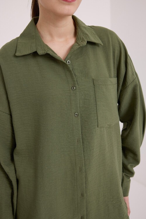 Merterium 20153 Tek Cepli Oversize Keten Gömlek - Haki