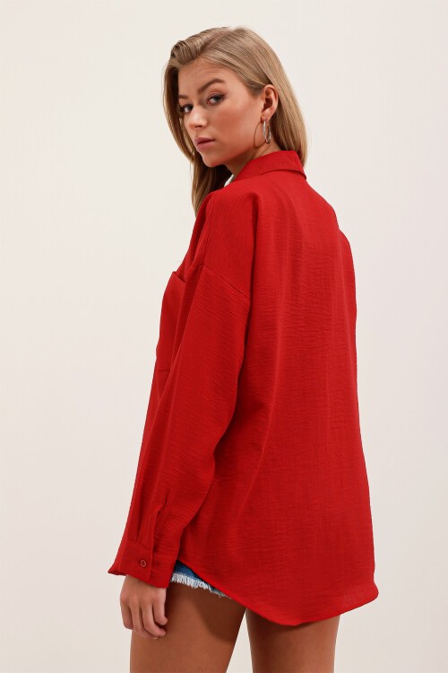 Merterium 20153 Tek Cepli Oversize Keten Gömlek - Kırmızı