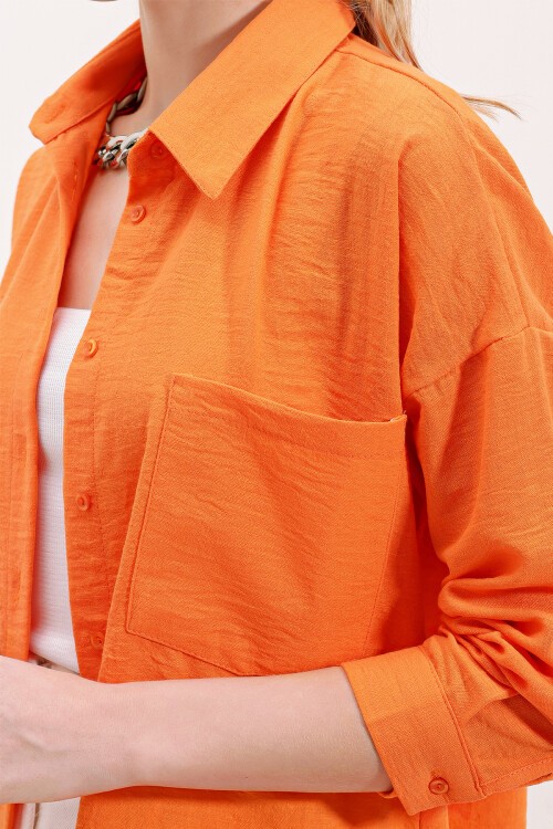 Merterium 20153 Tek Cepli Oversize Keten Gömlek - Oranje