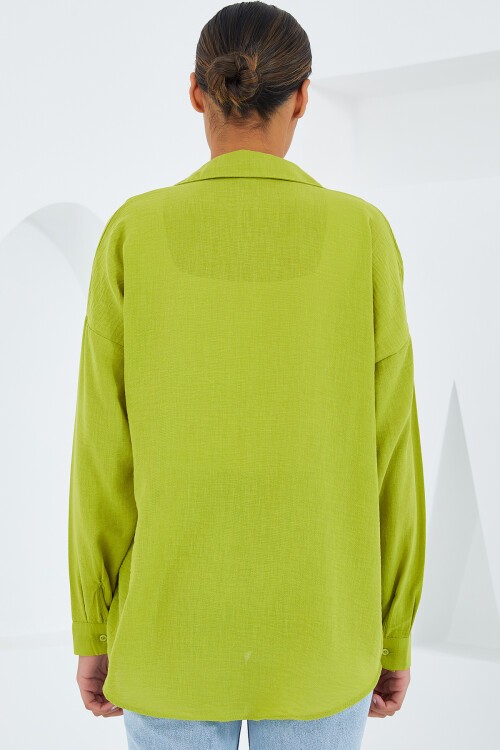 Merterium 20153 Tek Cepli Oversize Keten Gömlek - Yağ Yeşil