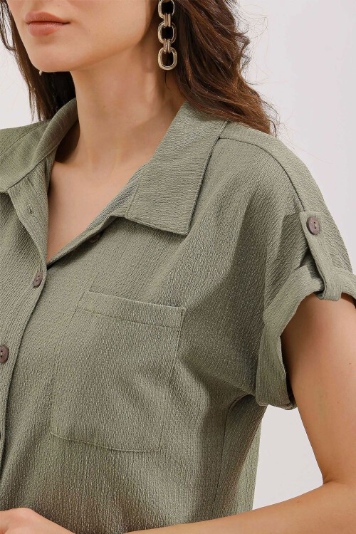 Merterium 20187 Kısa Kol Oversize Örme Gömlek - Çağla