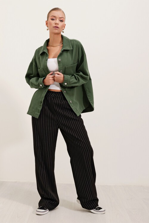 Merterium 20192 Oversize Gabardin Gömlek Ceket - Haki