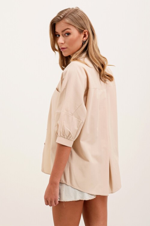 Merterium 20213 Oversize Kısa Kol Basic Gömlek - Krem