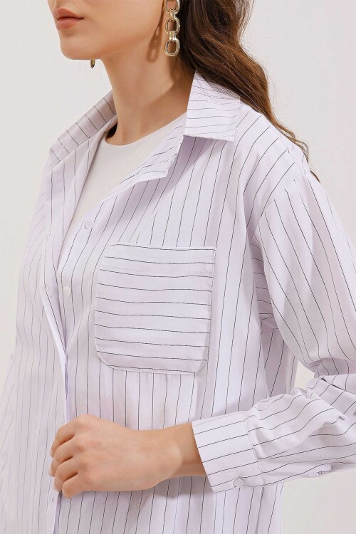 Merterium 20217 Cep Detaylı Çizgili Oversize Gömlek - Beyaz