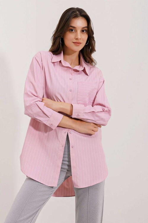Merterium 20217 Cep Detaylı Çizgili Oversize Gömlek - Pudra