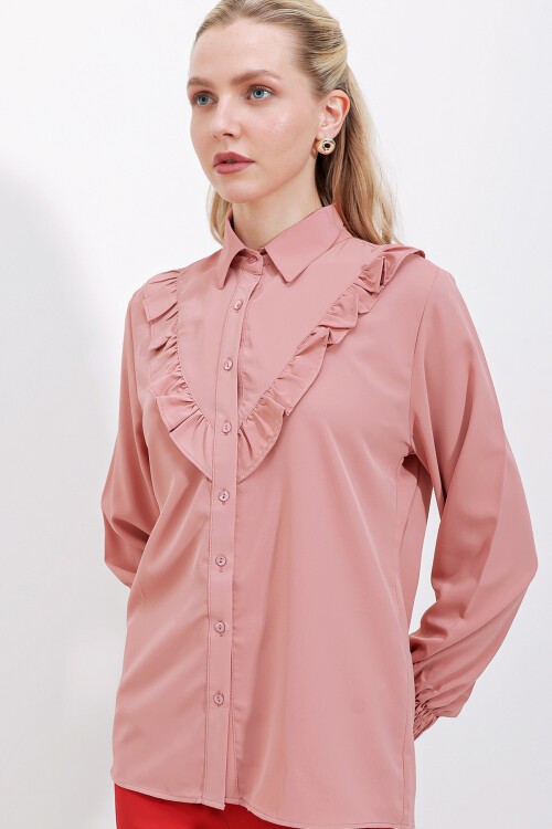 Merterium 20223 Fırfırlı Uzun Kol Gömlek - Gül Kurusu