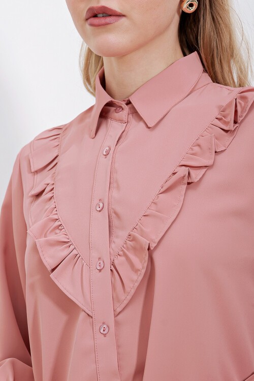 Merterium 20223 Fırfırlı Uzun Kol Gömlek - Gül Kurusu