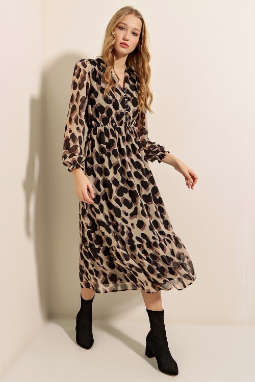 Merterium 2137 Desenli Şifon Elbise - F.Bej