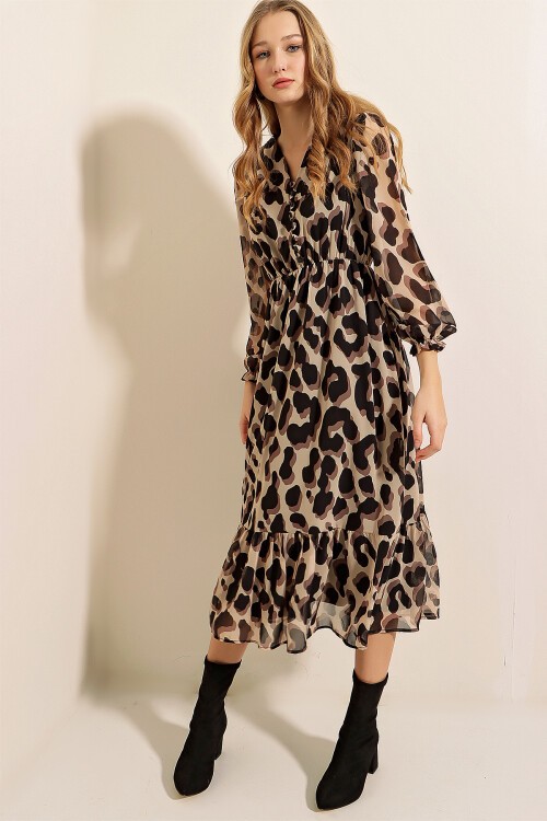 Merterium 2137 Desenli Şifon Elbise - F.Bej