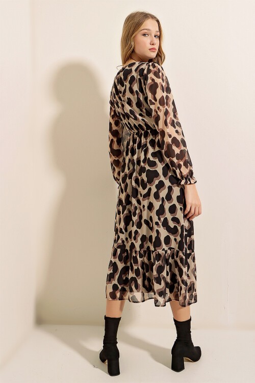 Merterium 2137 Desenli Şifon Elbise - F.Bej
