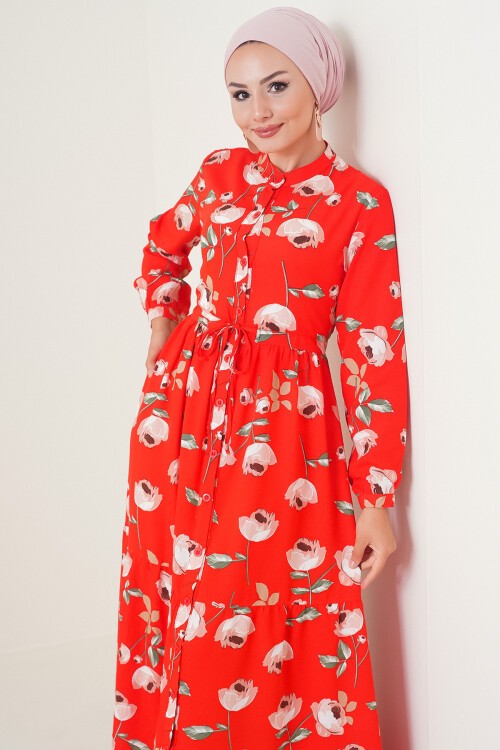 Merterium 2144 Hakim Yaka Tesettür Elbise - C.Kırmızı
