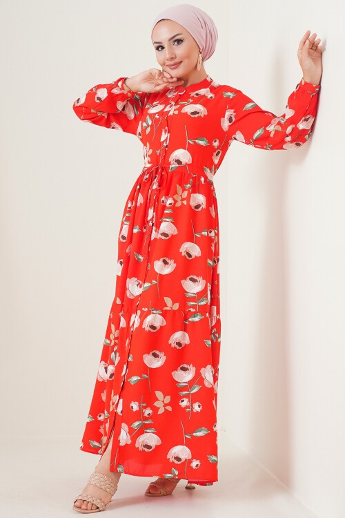 Merterium 2144 Hakim Yaka Tesettür Elbise - C.Kırmızı