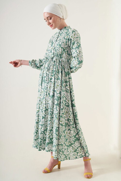 Merterium 2144 Hakim Yaka Tesettür Elbise - Çağla