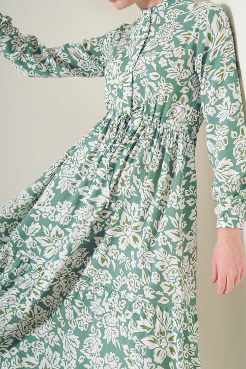 Merterium 2144 Hakim Yaka Tesettür Elbise - Çağla