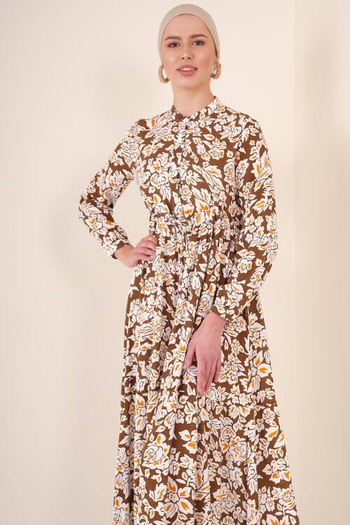 Merterium 2144 Hakim Yaka Tesettür Elbise - Kahverengi