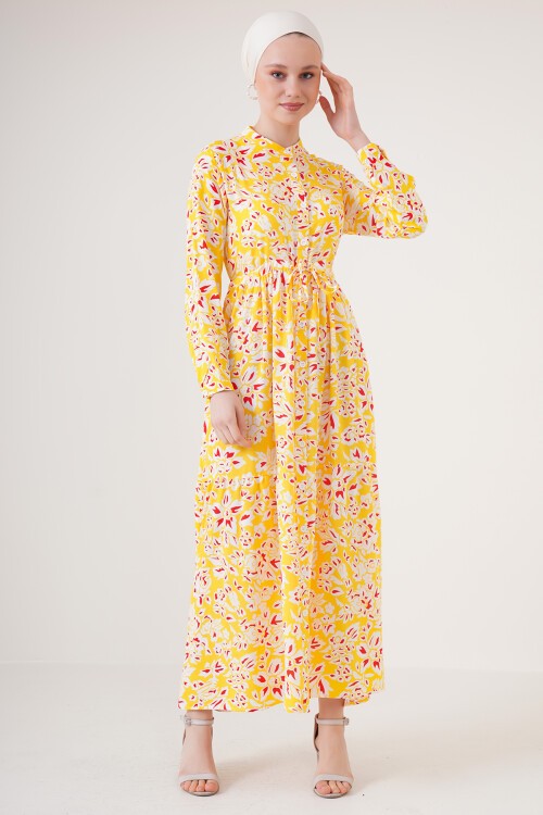 Merterium 2144 Hakim Yaka Tesettür Elbise - Sarı