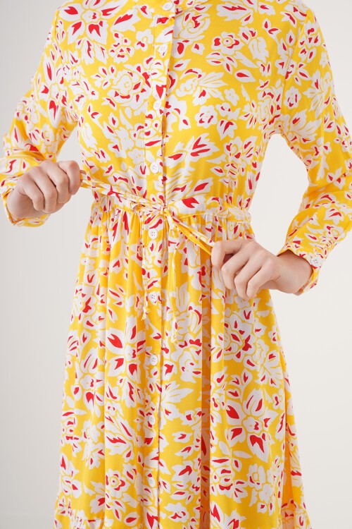 Merterium 2144 Hakim Yaka Tesettür Elbise - Sarı