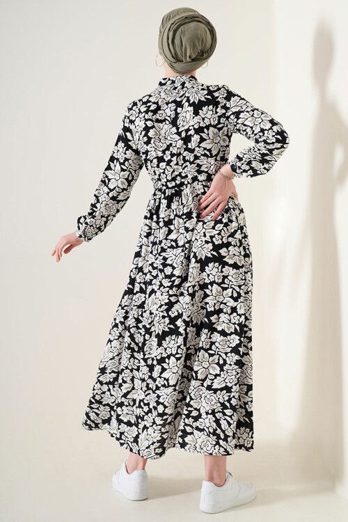 Merterium 2144 Hakim Yaka Tesettür Elbise - Siyah