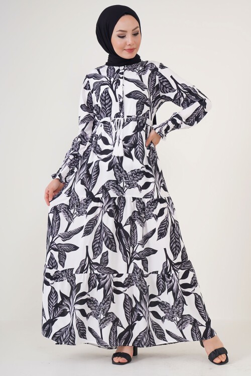 Merterium 2145 Desenli Tesettür Elbise - Beyaz