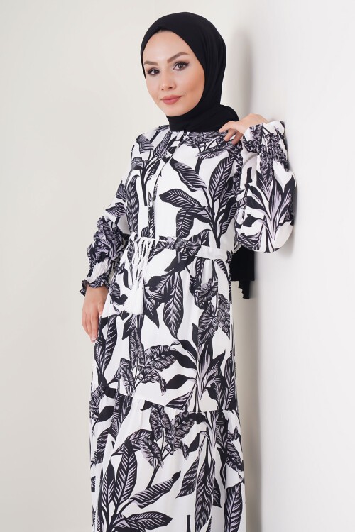 Merterium 2145 Desenli Tesettür Elbise - Beyaz