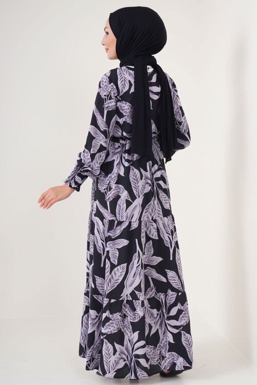 Merterium 2145 Desenli Tesettür Elbise - D. Siyah