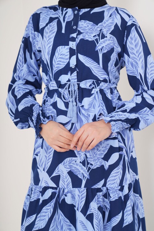 Merterium 2145 Desenli Tesettür Elbise - Lacivert