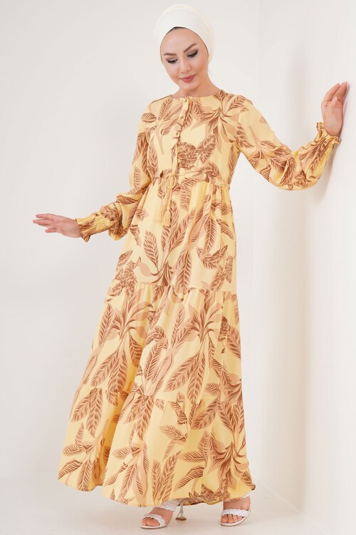 Merterium 2145 Desenli Tesettür Elbise - Sarı