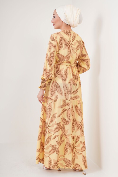 Merterium 2145 Desenli Tesettür Elbise - Sarı