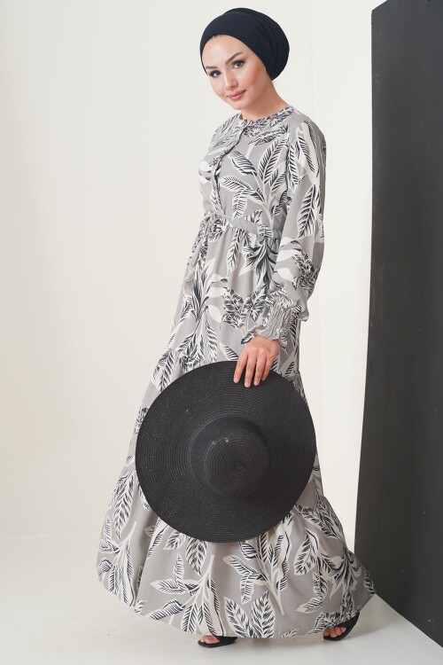 Merterium 2145 Desenli Tesettür Elbise - Taş