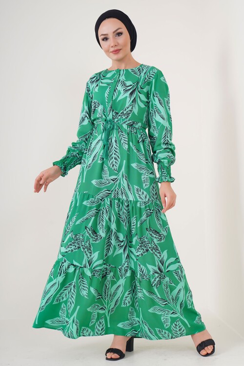 Merterium 2145 Desenli Tesettür Elbise - Yeşil